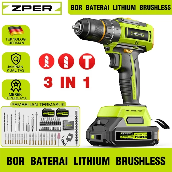 ZPER Mesin Bor 3in1 Cordless Impact Drill Screwdriver Multifunction Bor Listrik Bor Beton Kayu BesiTembok ZP035
