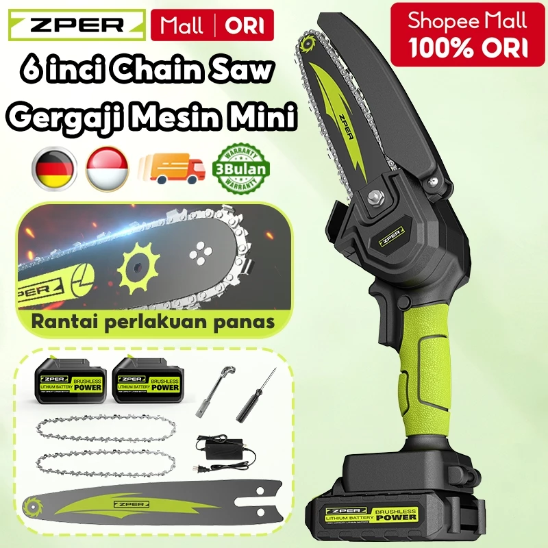 ZPER Mesin Chainsaw Cordless Chainsaw Gergaji Baterai Gergaji Rantai Elektrik Mini Gergaji Listrik ZP012