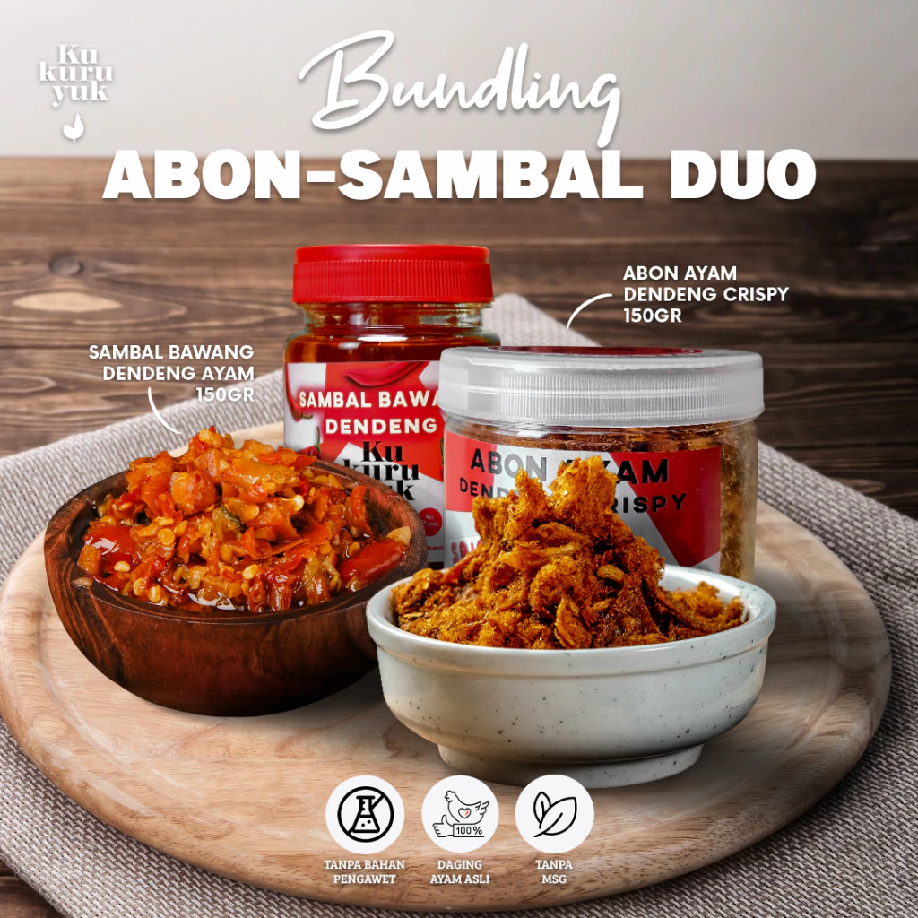 Abon Sambal Combo Kukuruyuk - Paket Bundling 100gr Abon Dendeng Ayam Crispy + 150gr Sambal Bawang Dendeng Ayam