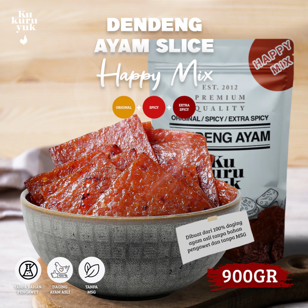 HAPPY MIX (Kotak 3 Rasa) Paket 900gr Variant Dendeng Ayam Kukuruyuk Makanan Siap Saji