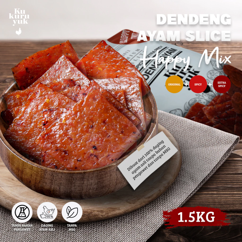 HAPPY MIX (Kotak 3 Rasa) Paket 1,5 Kg Variant Dendeng Ayam Kukuruyuk Makanan Siap Saji