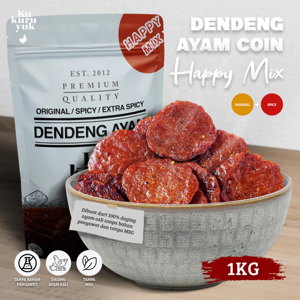 HAPPY MIX (Coin 2 Rasa) Paket 2 Variant 1Kg Dendeng Ayam Kukuruyuk Makanan Siap Saji