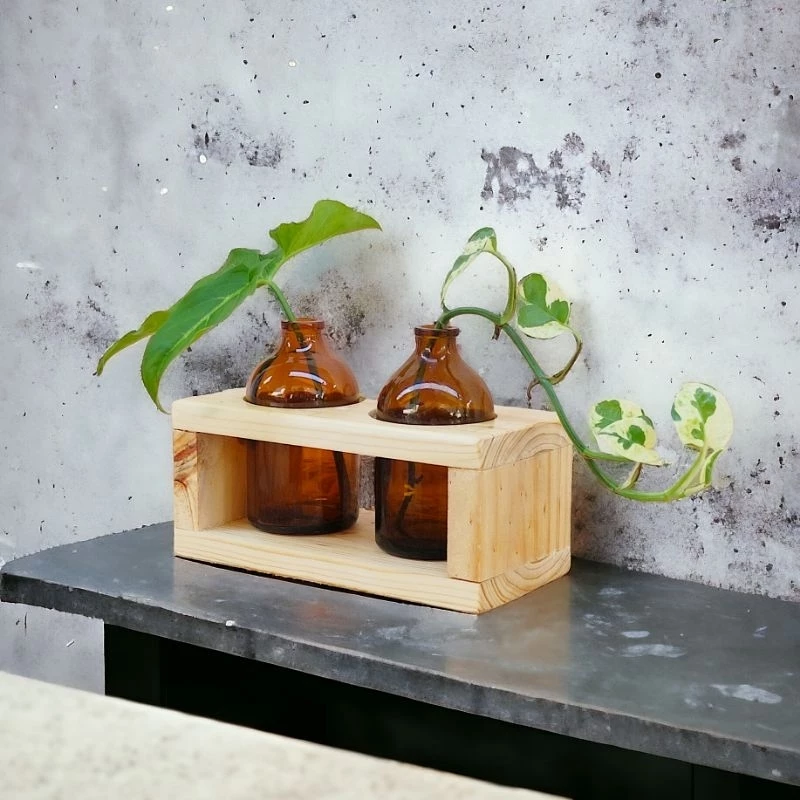 1 Set Vas Botol Amber Cover Kayu Aesthetic / Pot Planter Tanaman Air Hias Indoor / Hiasan Meja Dekorasi Kamar
