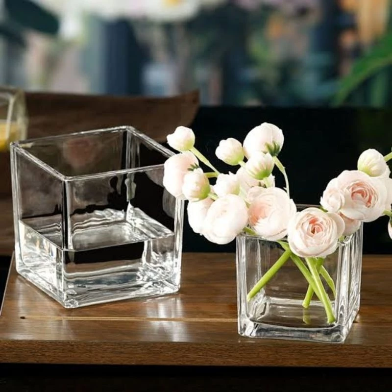 Vas Bunga Kaca Kotak Bening | Pot Tanaman Hias Air Kaktus | Wadah Tempat Candle Lilin Square Vase Aesthetic