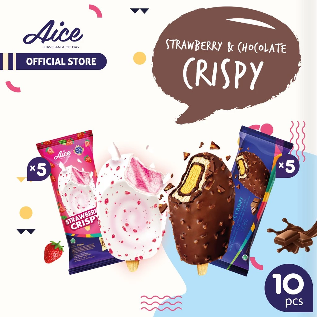 Paket Aice Ice Cream Strawberry Crispy 5 Pcs & Chocolate Crispy 5 Pcs Eskrim Es Krim Flash Sale