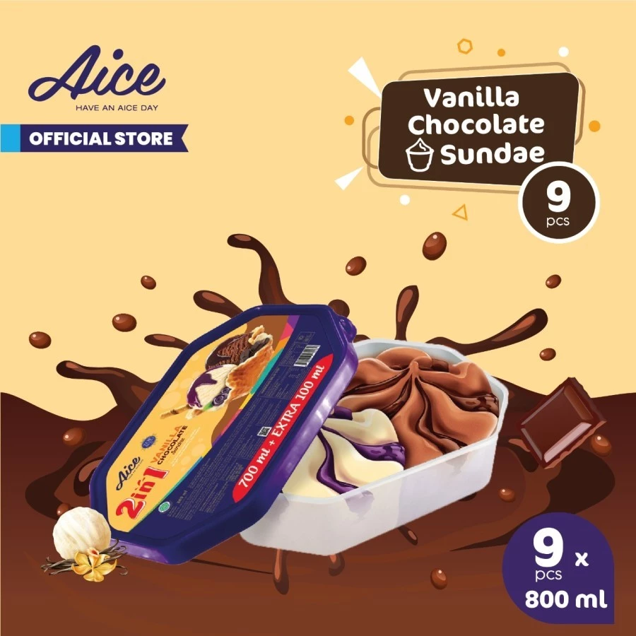 Aice Vanilla Chocolate sundae Ice Cream Eskrim 800 ml Es Krim isi 9Pcs