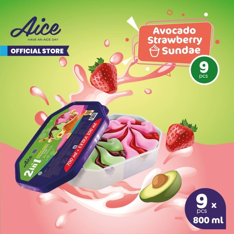 Aice Alpukat Strawberry sundae Ice Cream Eskrim 800 ml Es Krim 9 Pcs