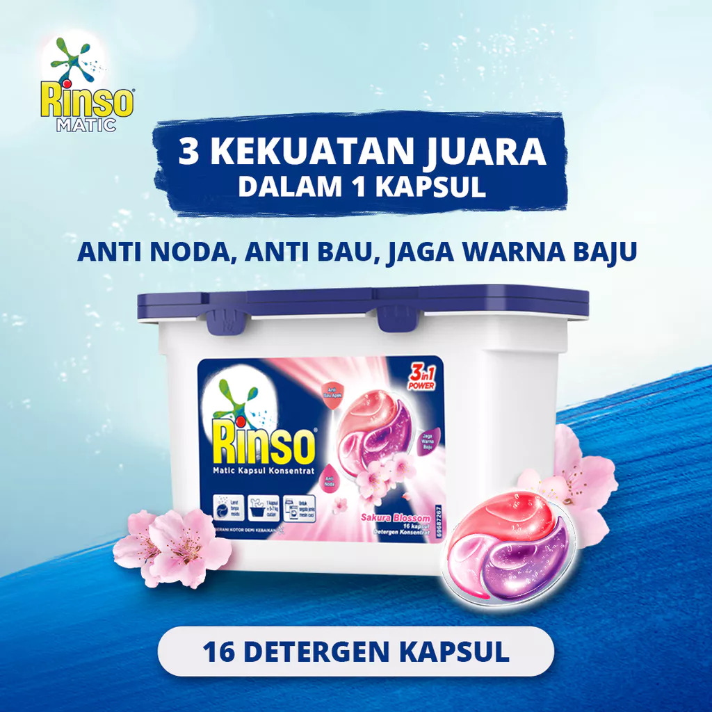 Rinso Capsule Detergent Konsentrat Deterjen Matic Kapsul Sakura Blossom 168 g