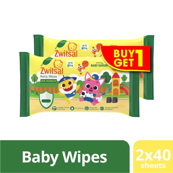 Zwitsal Baby Wipes Tissue Basah Rich Mositure 2 X 40 Sheets (Baby Shark Edition)