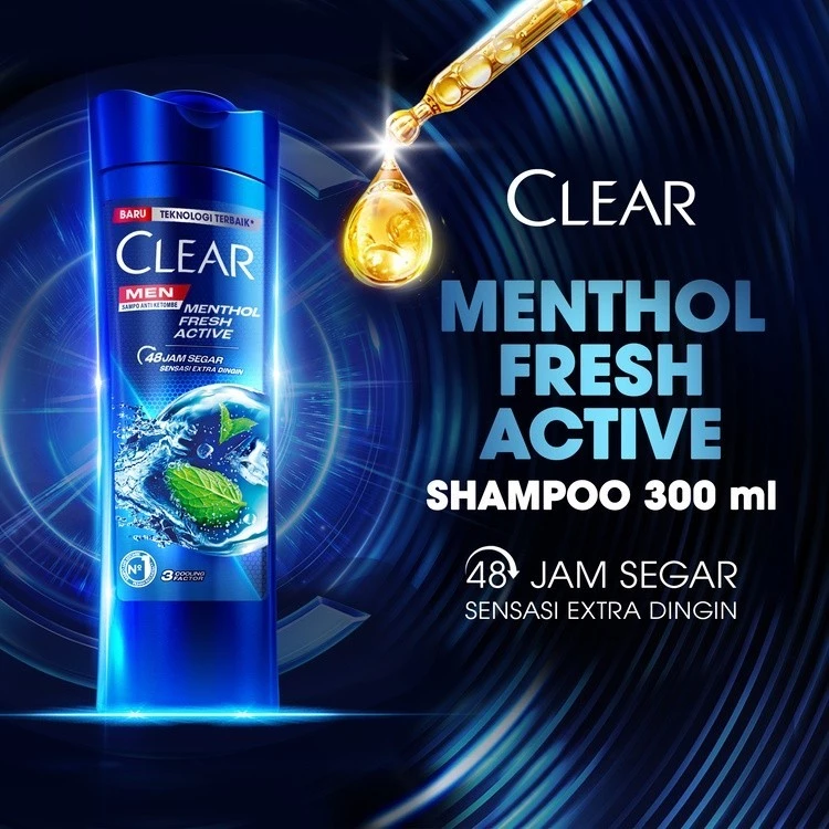 Clear Men Shampoo Anti Ketombe Menthol Fresh Active Dengan 3 Cooling Factor untuk Kesegaran Hingga 48 Jam Serta Sensasi Extra Dingin - 300mL