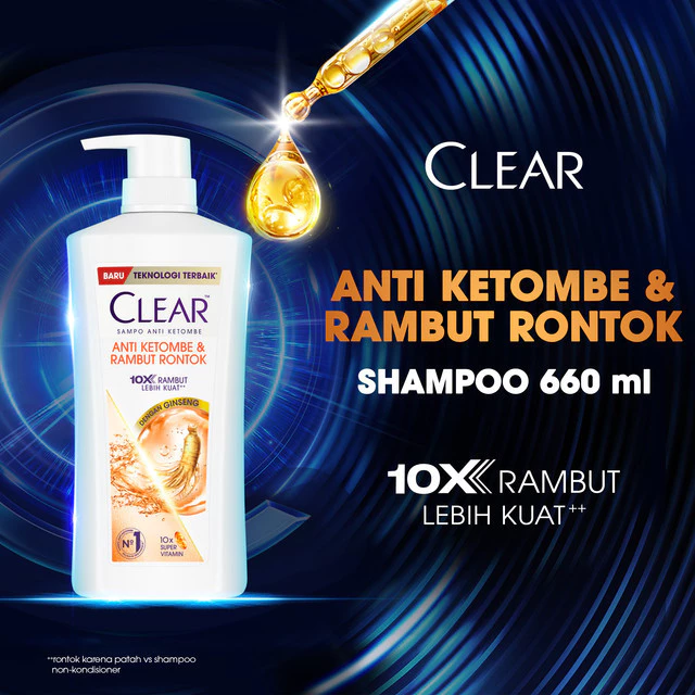 Clear Shampoo Anti Ketombe & Rambut Rontok, Diperkaya Dengan Ginseng 10x Rambut Lebih Kuat Lawan Rontok++ Dan 10x Super Vitamin+ Untuk Menutrisi Rambut - 660mL