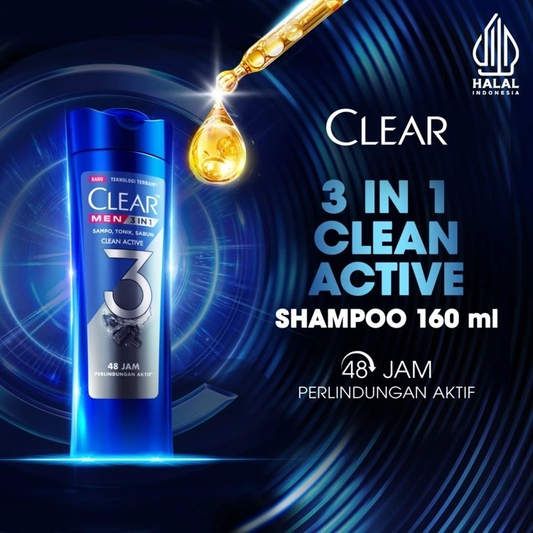 CLEAR Men Shampoo Anti Ketombe 3 in 1 Clean Active Sampo Tonik Sabun 48 Jam Perlindungan Aktif 160mL