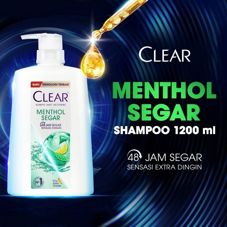 Clear Shampoo Anti Ketombe Menthol Segar, 48 Jam Segar Sensasi Dingin Dengan 10x Super Vitamin - 1200ml