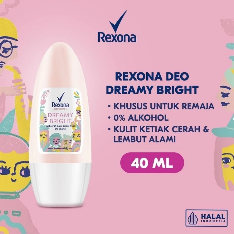 REXONA ROLL ON DEODORANT ANTIPERSPIRANT WHITENING DREAMY BRIGHT FORMULA PENCERAH 0% ALKOHOL 40ML