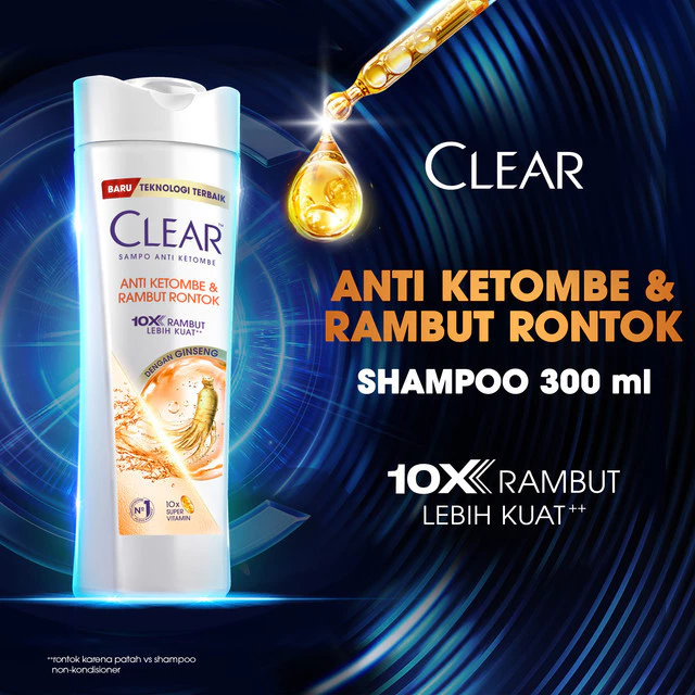 Clear Shampoo Anti Ketombe & Rambut Rontok, Diperkaya Dengan Ginseng 10x Rambut Lebih Kuat Lawan Rontok++ Dan 10x Super Vitamin+ Untuk Menutrisi Rambut - 300mL