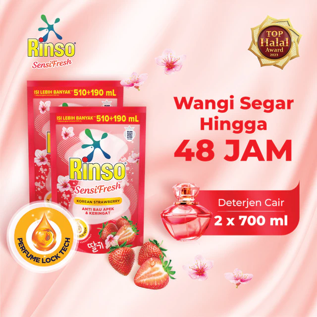 Rinso SensiFresh Detergent Deterjen Wangi Segar 48 Jam Korean Strawberry 700 ML x2
