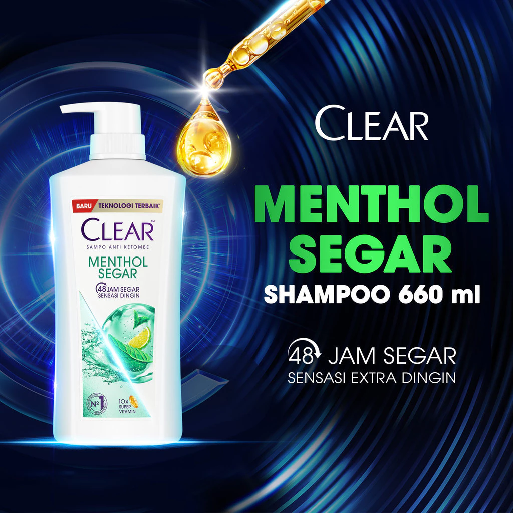 CLEAR Shampoo Anti Ketombe Menthol Segar, 48 Jam Segar Sensasi Dingin dengan 10x Super Vitamin - 660mL