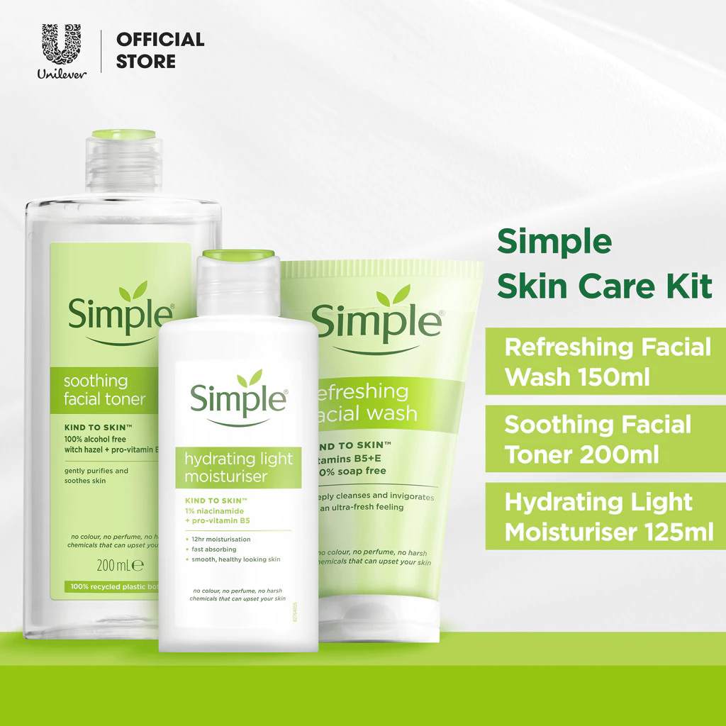 Simple Kind To Skin Skincare Kit (Face Wash Refreshing, Toner, Moisturizer)