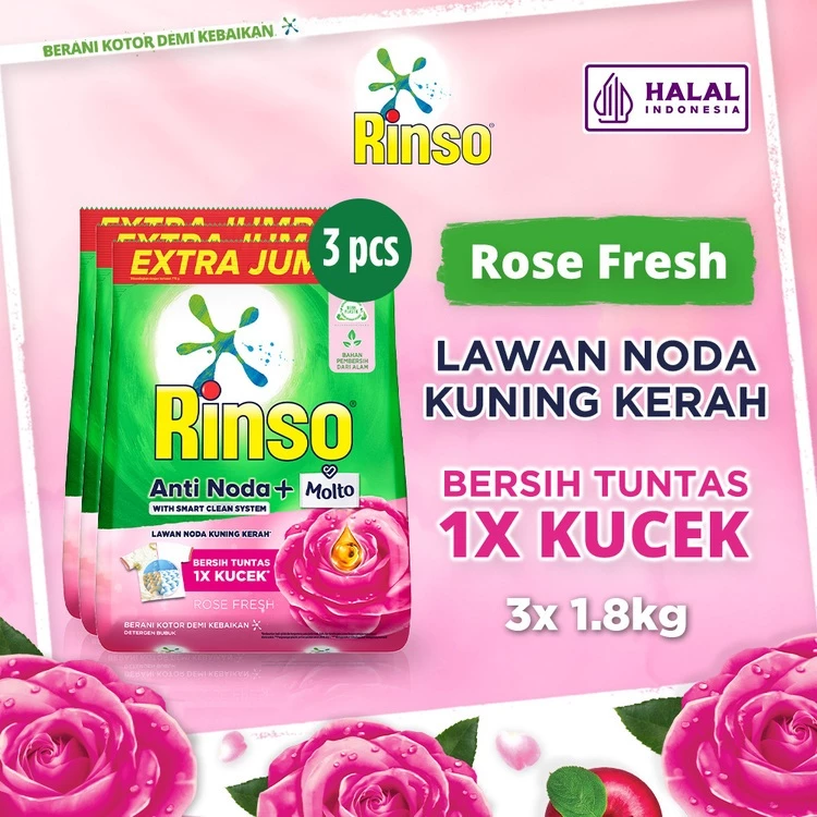 Rinso Molto Detergent Bubuk Deterjen Anti Noda Rose Fresh 1.8 kg x3