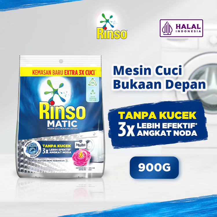 Rinso Detergent Bubuk Konsentrat Deterjen Matic Mesin Cuci Bukaan Depan 900gr