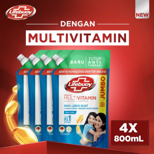 Lifebuoy Sabun Cair Refill Antibakteri Mild Care Activ Silver+ Formula & Milk Cream 800Ml x4