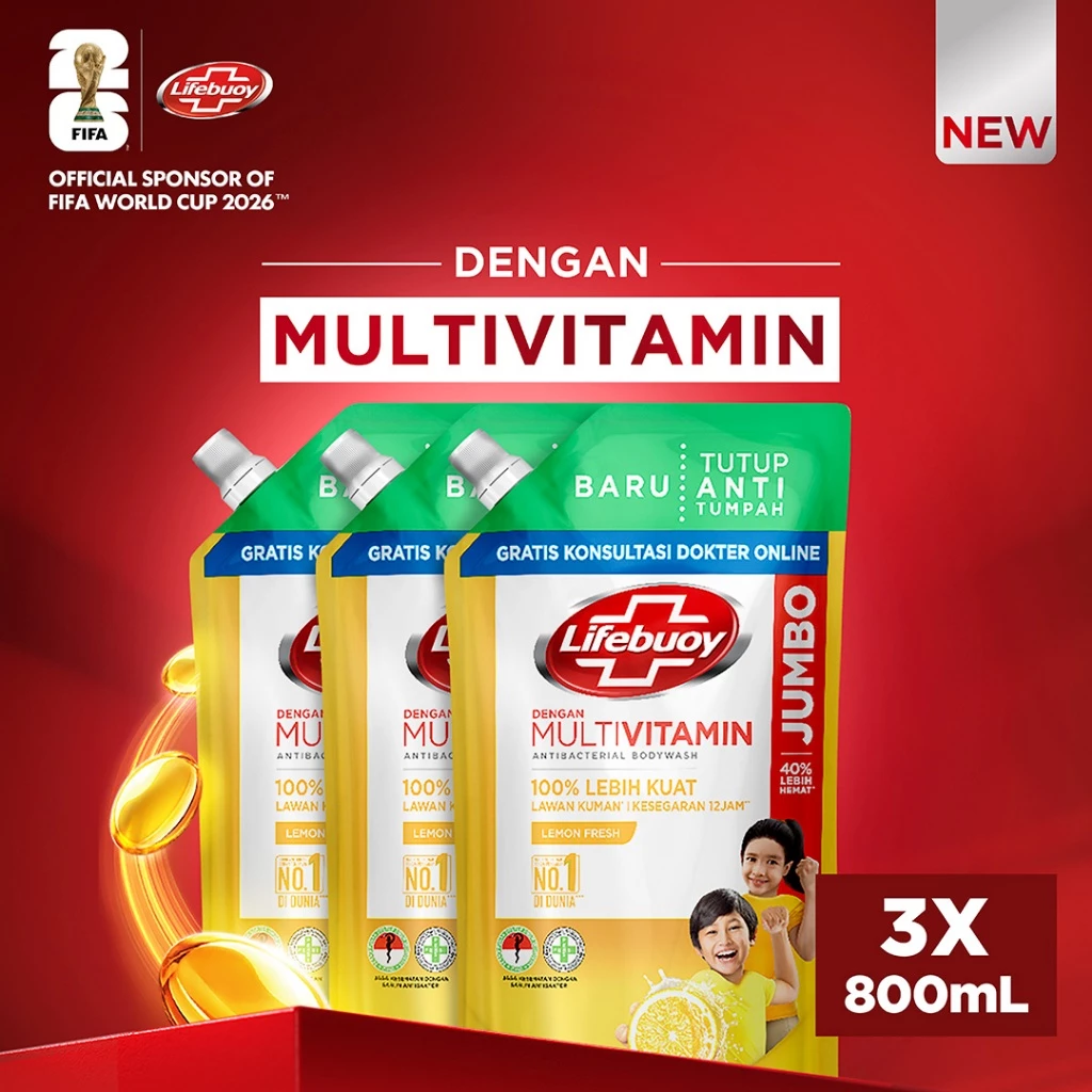 Lifebuoy Sabun Mandi Cair Anti Bacterial Body Wash Lemon Fresh 100% Lebih Kuat Lawan Kuman, Kesegaran 12 Jam 800mL x3