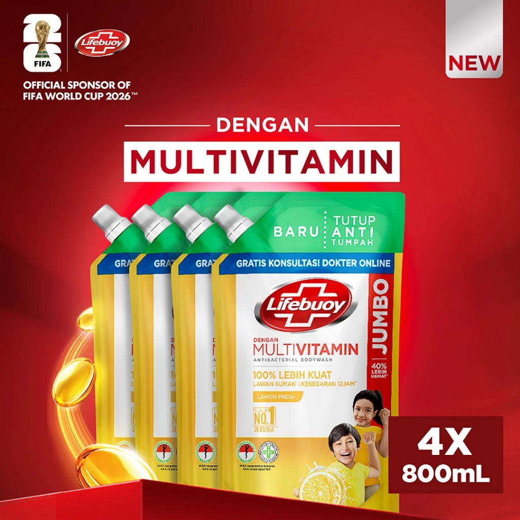 Lifebuoy Sabun Mandi Cair Anti Bacterial Body Wash Lemon Fresh 100% Lebih Kuat Lawan Kuman, Kesegaran 12 Jam 825mL x4