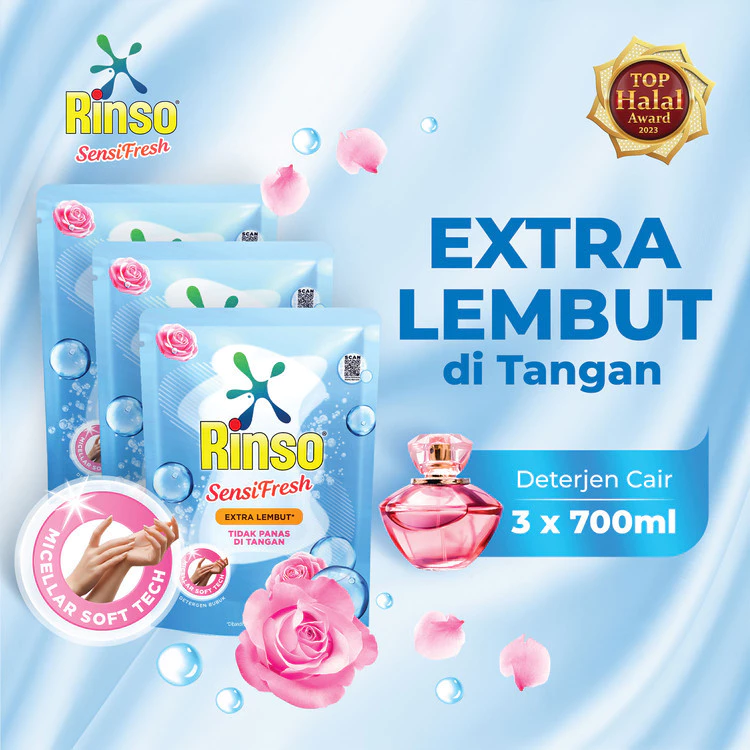 Rinso SensiFresh Detergent Cair Deterjen Extra Lembut Micellar Soft 700 ML X3