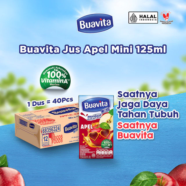 Buavita Mini Juice Apel 125ml Isi 40, Vitamin C Sumber