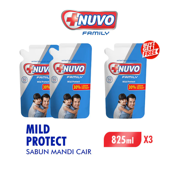 Nuvo Family Sabun Mandi Cair Biru Mild Protect antibakterial Pouch 825 ml x3