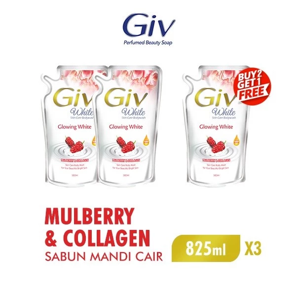 Giv White Sabun Mandi Cair Collagen Mulberry Pouch 825 ml x3