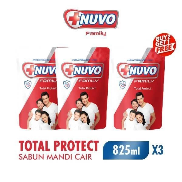 Nuvo Family Sabun Mandi Cair Merah Total Protect Pouch 825 ml x3