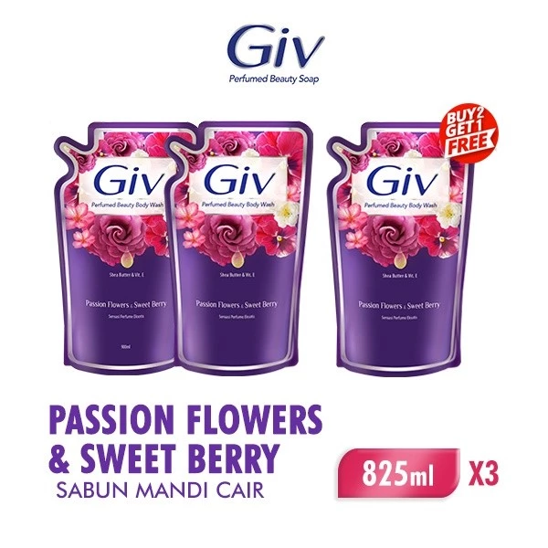 Giv Sabun Mandi Cair Ungu Passion Flowers & Sweet Berry Pouch 825 ml x3