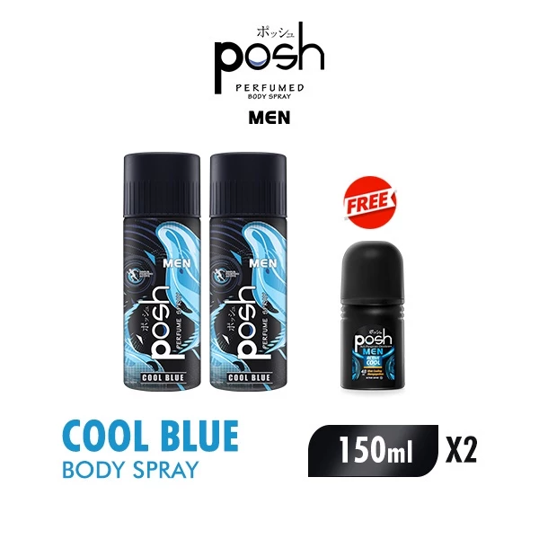 [B2G1] Posh Body Spray Men Cool Blue Botol 150 ml X2 Free Posh Roll On Active Cool