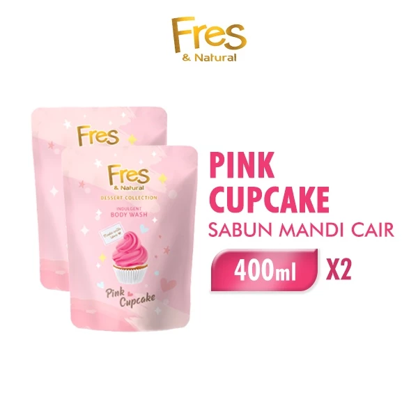Fres & Natural Sabun Mandi Cair Longlasting Fragrance Pink Cupcake Pouch 400 ml x2