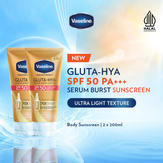 [NEW LAUNCH] Vaseline Gluta-Hya Serum Burst Brightening Sunscreen SPF 50 PA+++ 200ml - Body Serum Sunscreen Mencerahkan x2