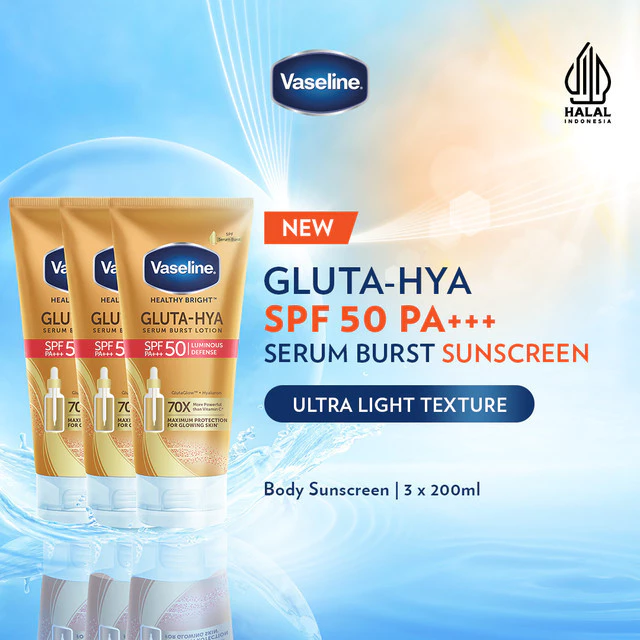 [New Launch] Vaseline Gluta-Hya Serum Burst Sunscreen SPF 50 PA+++ 200ml - Body Serum Sunscreen Mencerahkan X3
