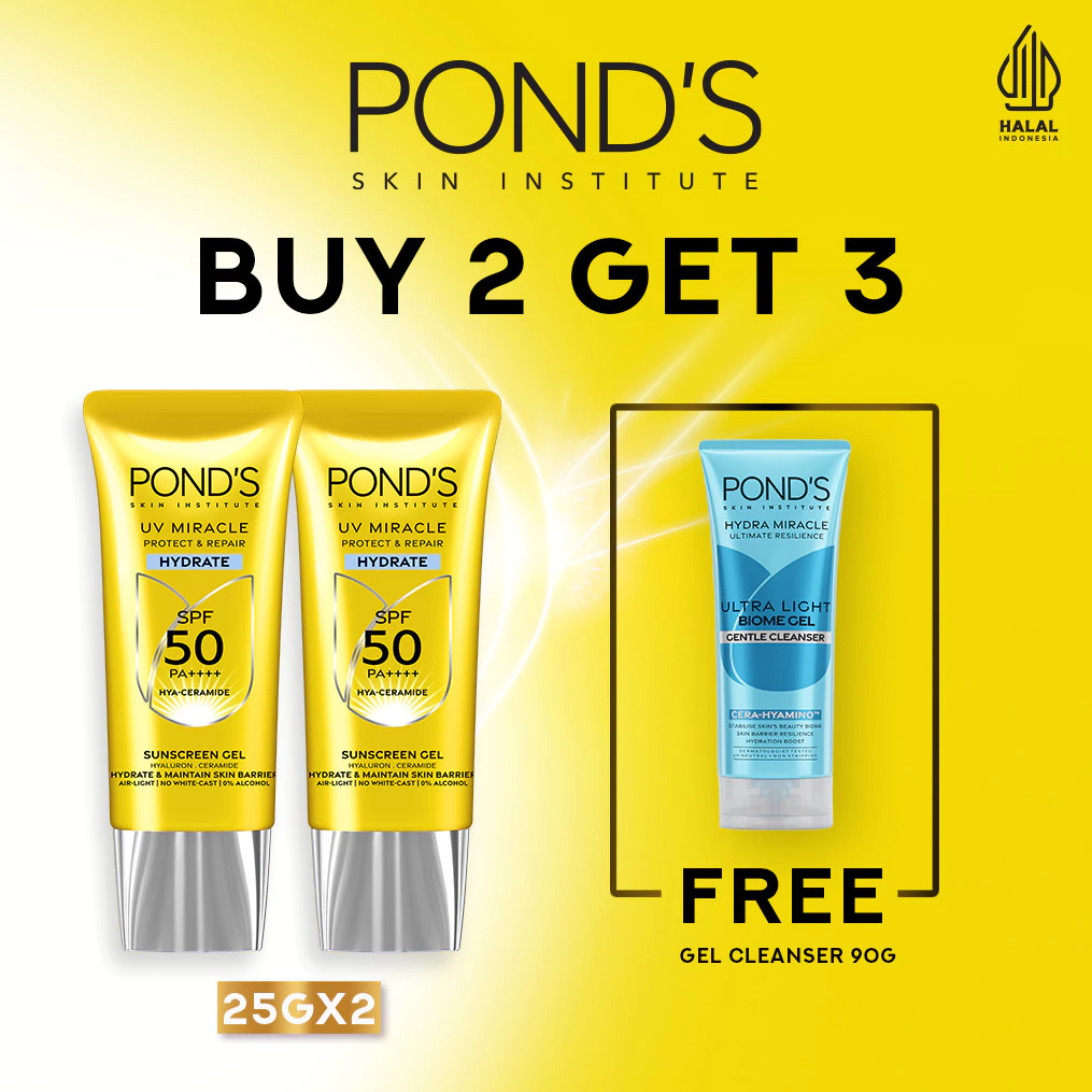 [BUNDLE PROTEKSI WAJAH 2] Buy 2 PONDS UV Miracle Hydrate SPF 50 25gr Free PONDs Hydra Miracle Ultra Light Facial Wash 90gr