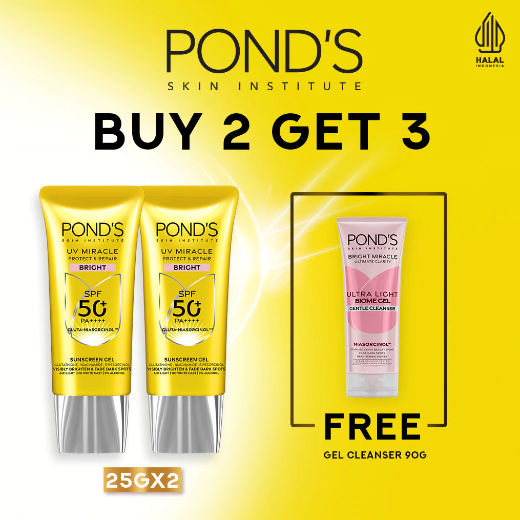 [BUNDLE PROTEKSI WAJAH 1] Buy 2 PONDS UV Miracle Bright SPF 50 25gr Free PONDs Bright Miracle Ultra Light Facial Wash 90gr