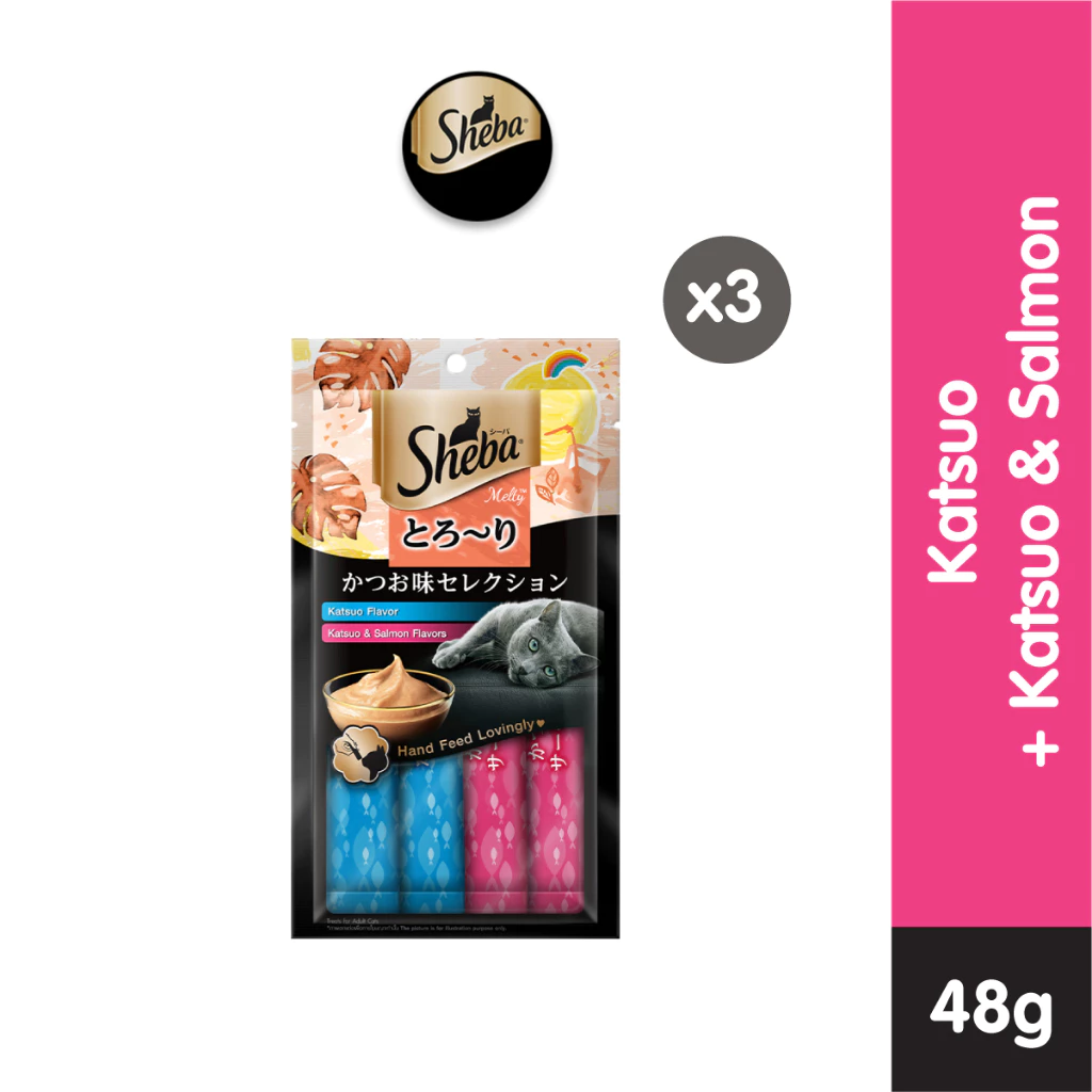 Sheba Melty Snack Kucing Basah rasa Katsuo Salmon 48 gr - Isi 3
