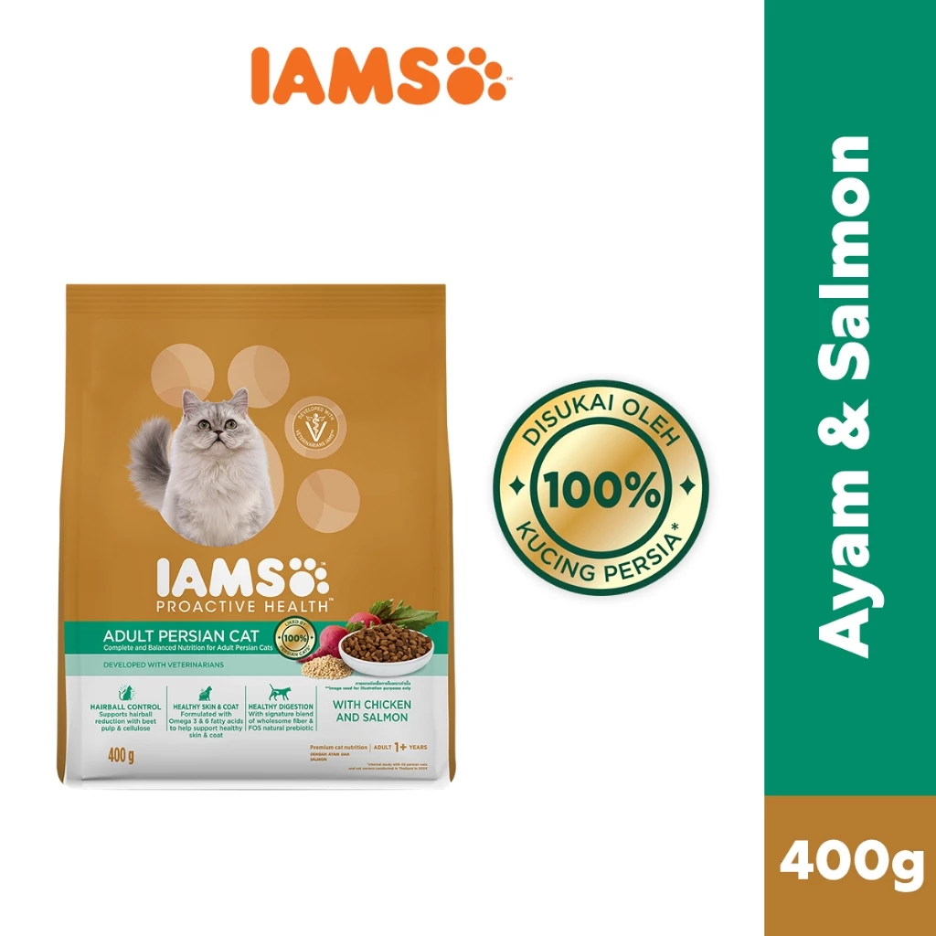 IAMS Proactive Health Makanan Kucing Persia Rasa Ayam Salmon 400 gr