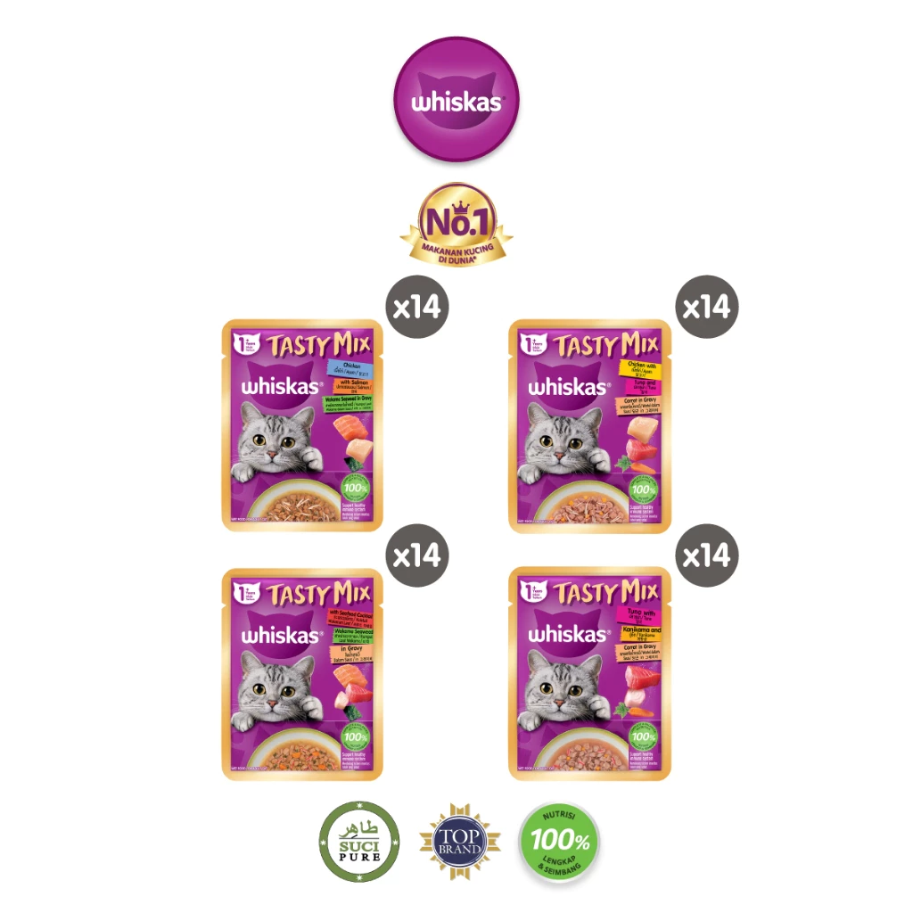 WHISKAS Tasty Mix Makanan Kucing Basah Pilih Rasa 70gr 14 Pack