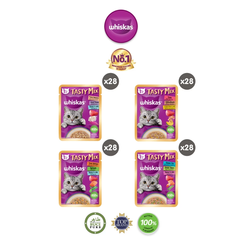Whiskas Tasty Mix Jelly Makanan Kucing Basah Pouch Adult 70 gr - Isi 28