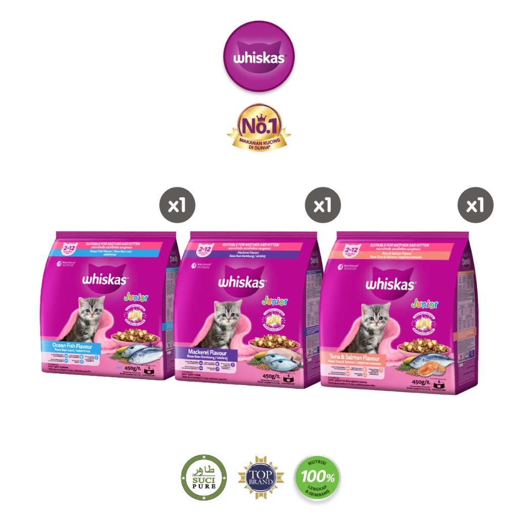 WHISKAS Junior Makanan Anak Kucing Kering Usia 2-12 Bulan Rasa Ikan Kembung 450gr