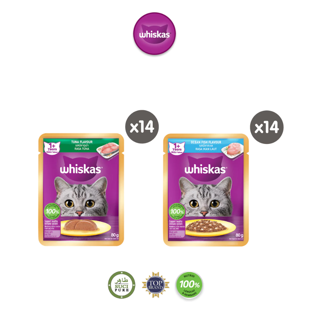 Whiskas Makanan Kucing Basah Pouch rasa Tuna dan Ocean Fish 80 gr - Isi 28