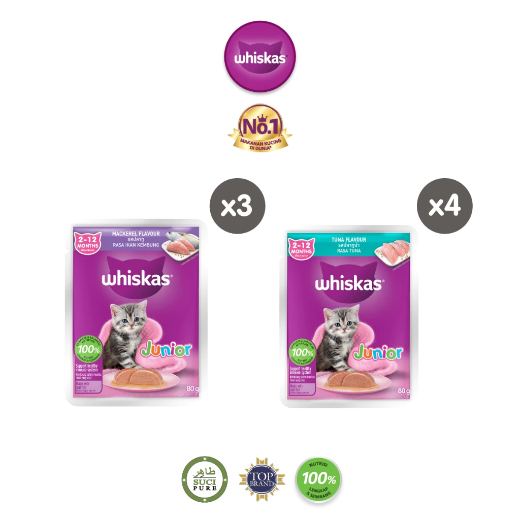 Whiskas Junior Makanan Anak Kucing Basah Pouch Multivariant 80gr - Isi 7