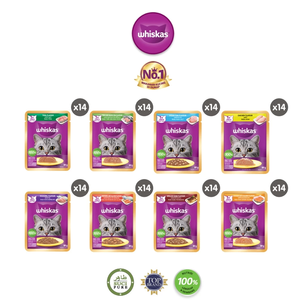 Whiskas Makanan Kucing Basah Pouch 80 gr - Isi 14