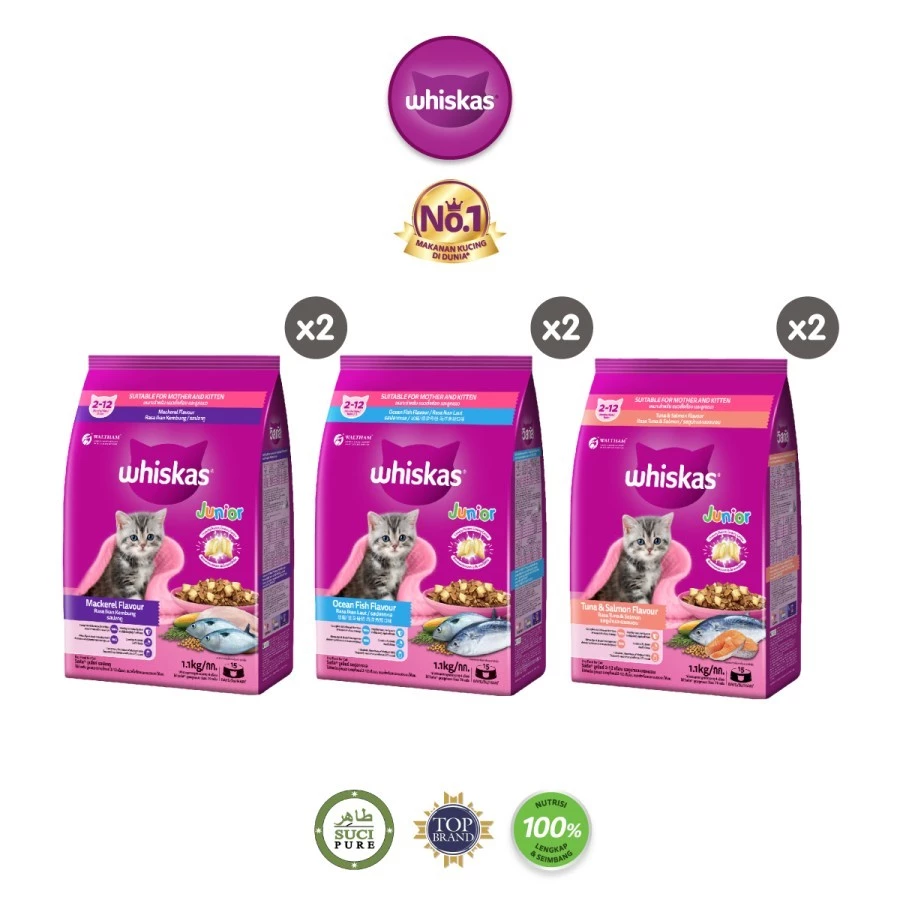 WHISKAS Junior Makanan Anak Kucing Kering Usia 2-12 Bulan Rasa Ikan Kembung 1.1kg 2 Pack