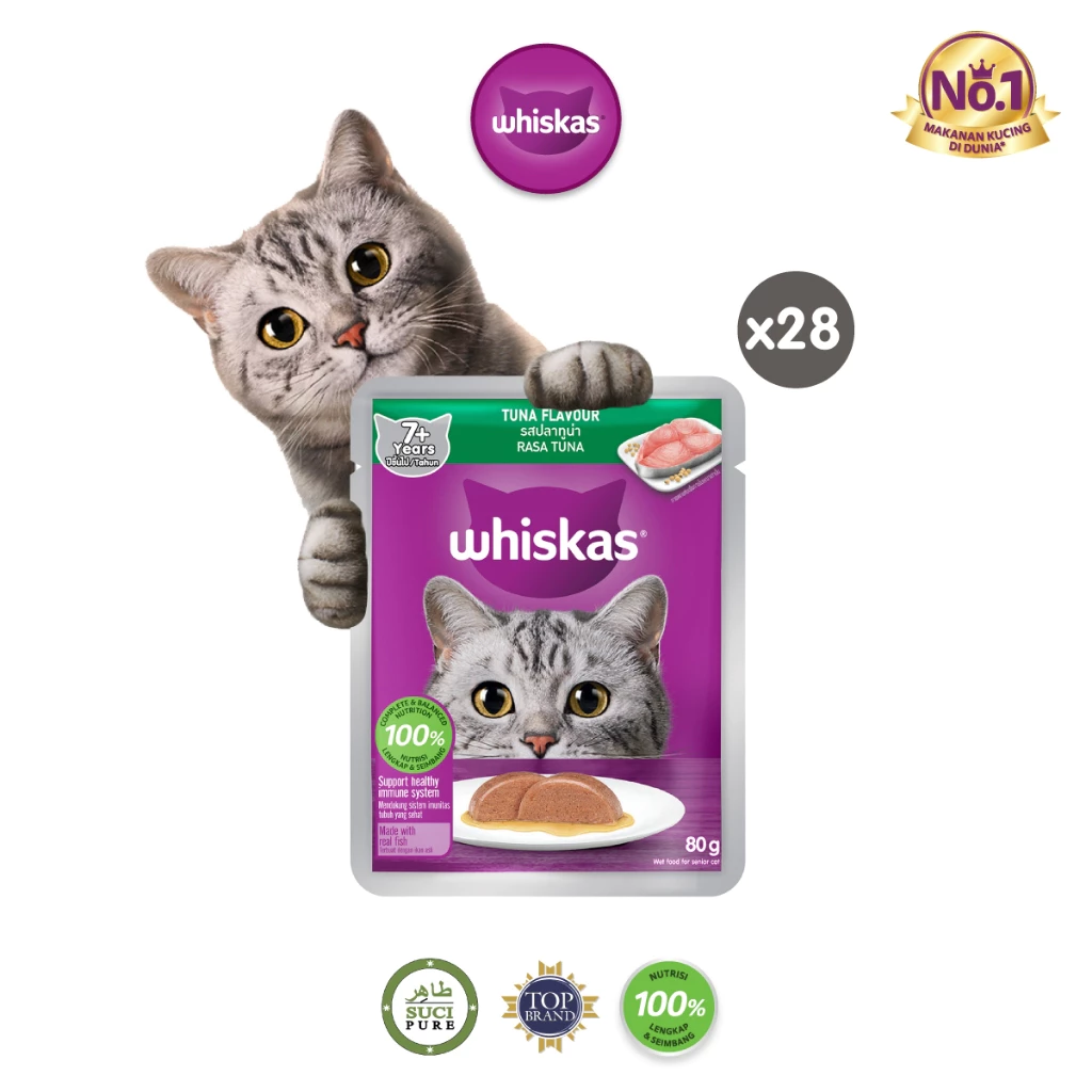 Whiskas Makanan Kucing Basah Pouch Senior 80 gr Rasa Tuna - Isi 28
