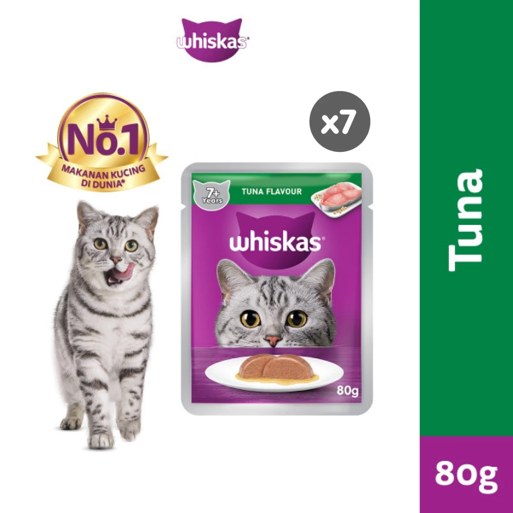 WHISKAS Pouch Makanan Kucing Basah - Senior Rasa Tuna dalam Jelly 80g - Isi 7